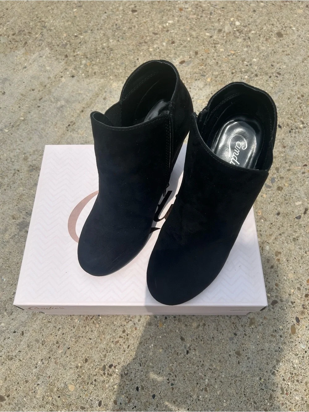 Candies Black Suede Ankle Booties with Block Heel
